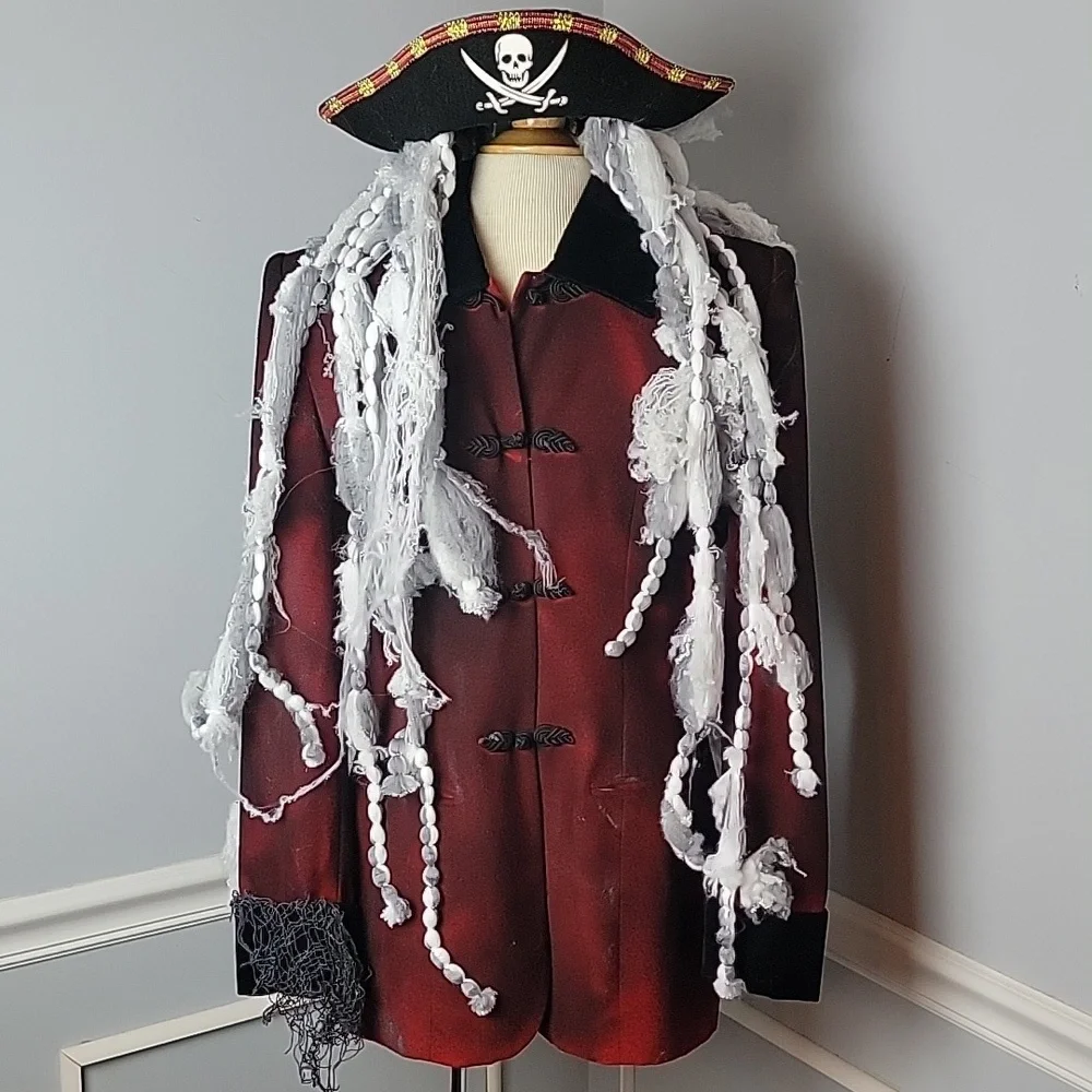 UPCYCLED Ghost Pirate Red Black Blazer‎ Jacket Dread Hair Hat Halloween Costume